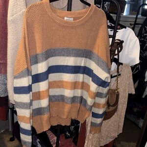 ACOA Women's Striped Crew Neck Sweater - Orange, Blue, Gray